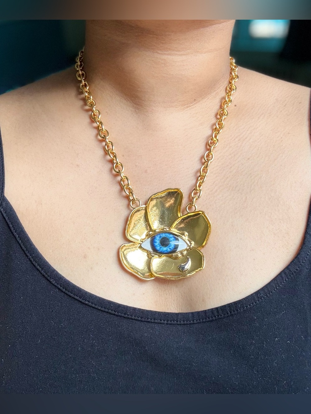 Schiaparelli inspired Gold Flower Pendant Necklace with Blue Eye Accent